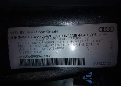 2019 Audi Rs 3 2.5T z USA, uszkodzony, nr VIN WUABWGFF0KA905933